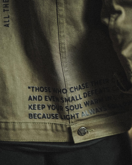 Olive Green Jacket with Inspirational Typography Detail