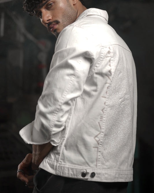 White Denim Jacket with Intricate Mandala Back Design